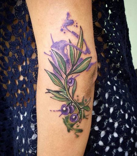 胳膊肘处水彩色橄榄枝纹身图案