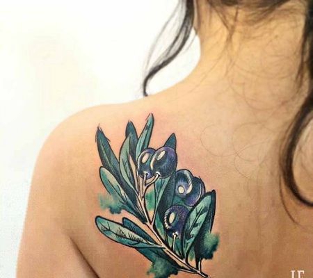 背部肩膀水彩风格的橄榄枝纹身图案