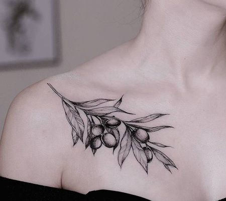 美女锁骨唯美的黑灰相间的橄榄枝纹身图案