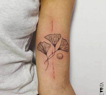 在内二头肌上有线状和打点的银杏叶纹身图案