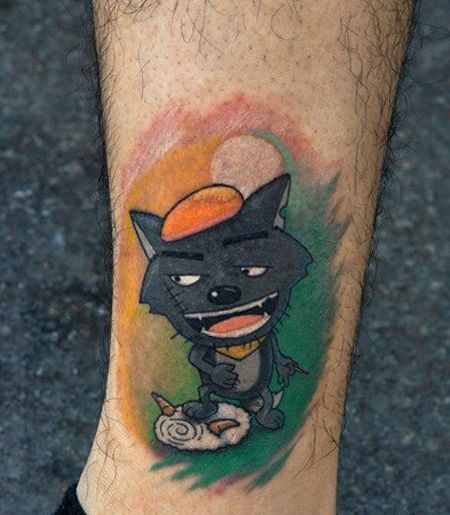 小腿上的灰太狼纹身图案