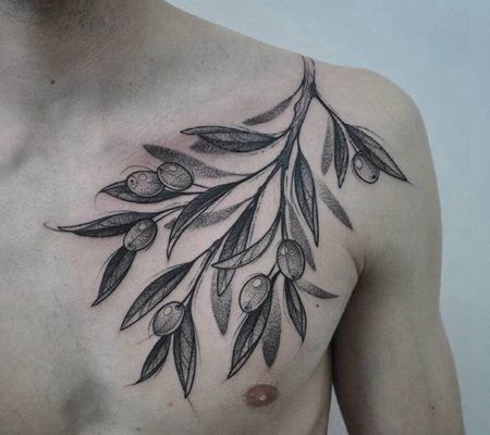 胸部大型黑色橄榄枝纹身图案