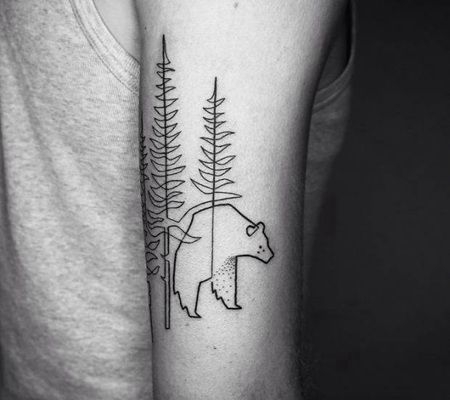 胳膊上树和熊勾线图纹身