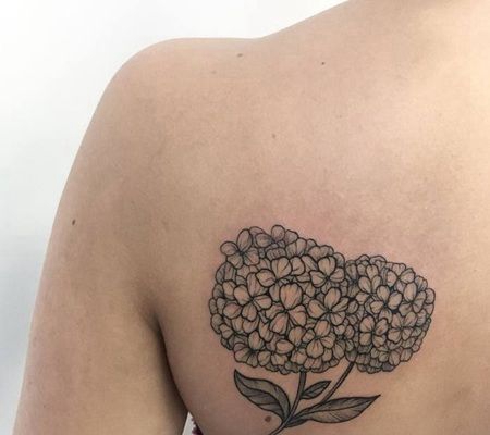 后肩一大朵黑色绣球花纹身图片