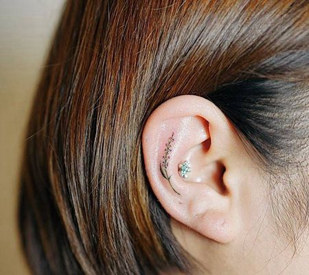 美女耳朵里纹了一个特小的薰衣草