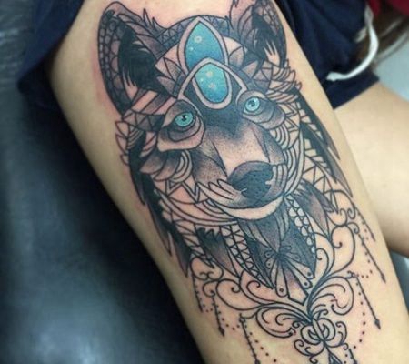 大腿处创意狼头3D纹身图案