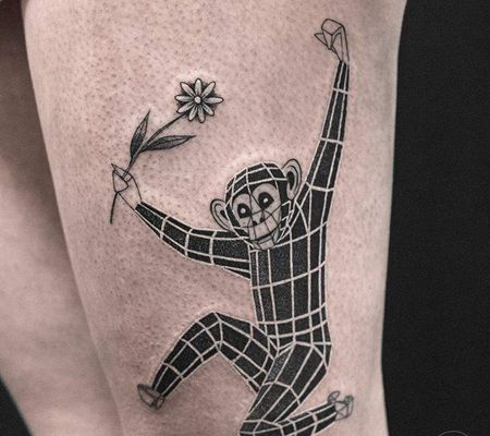 3D黑白相间的猴子拿着一朵花纹身图案
