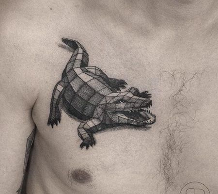 胸部张着嘴的可怕3D鳄鱼纹身图片