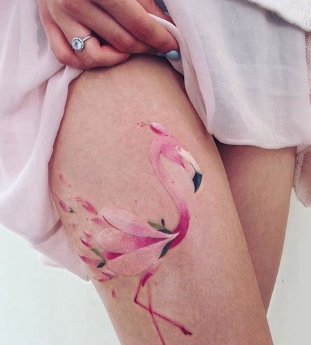 性感美大腿粉红色创意火烈鸟纹身图案