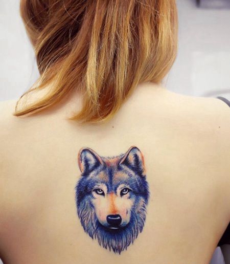 美背彩色的3D帅气狼头纹身图片