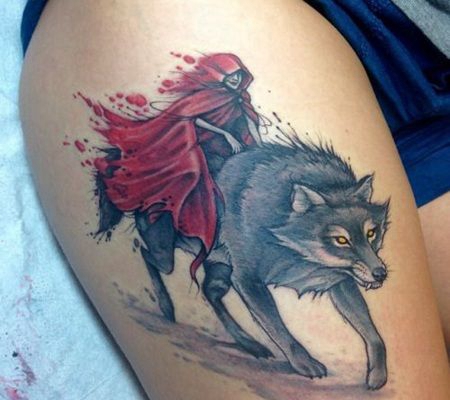 邪恶的女巫骑着狼3D纹身图案