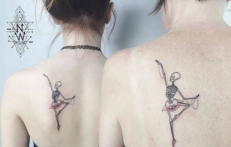 美女后肩跳芭蕾舞的骷髅重口味纹身图片