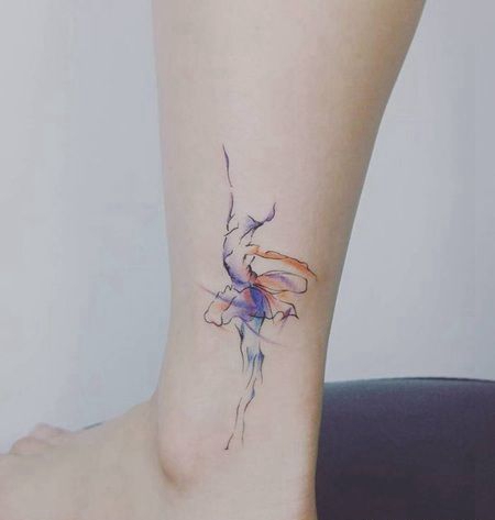 小腿根唯美系列的水彩芭蕾舞女孩纹身图案