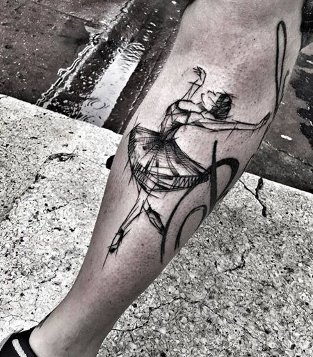 小腿素描跳芭蕾舞的女孩纹身图案