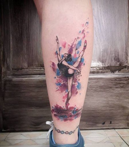 小腿水彩系列的跳芭蕾舞美女纹身图片