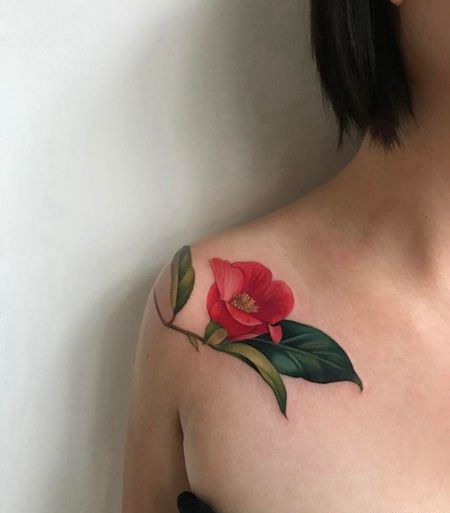 美女锁骨逼真的3D茶花与叶子纹身图案