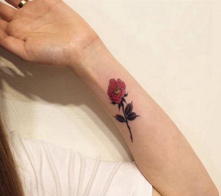 美女手臂彩色茶花与枝叶纹身图案