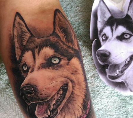 张着嘴瞪着大眼睛的哈士奇后背3D纹身图案