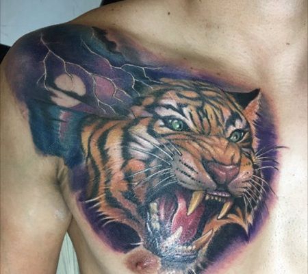 咆哮3D黄色老虎头纹身图案