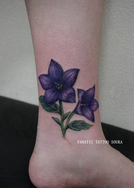 女人脚踝绿茎紫色桔梗花纹身