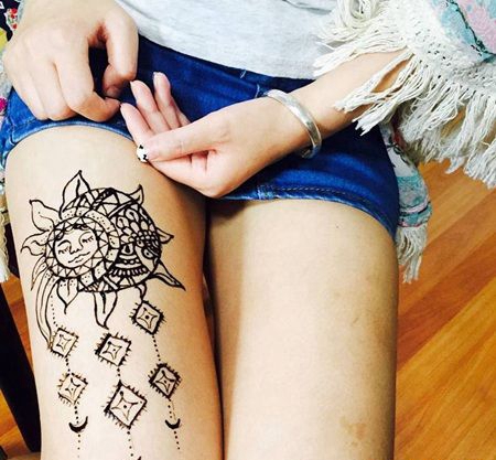 美女大腿黑色太阳花纹身图案