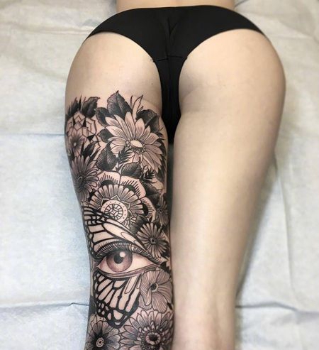 性感黑灰纹身，大腿素花花腿纹身图片