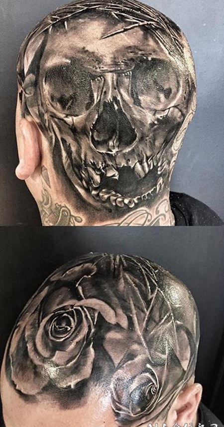 荆棘亡灵,头部骷髅带刺玫瑰纹身图案