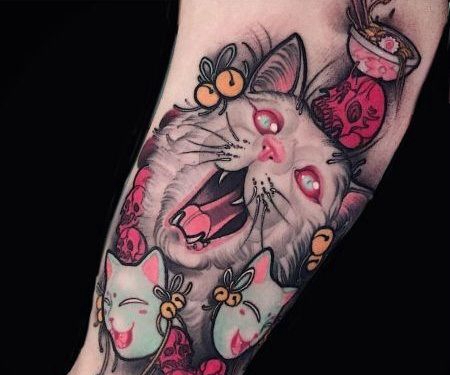 小臂猫头纹身，猫面具和猫咪纹身图案