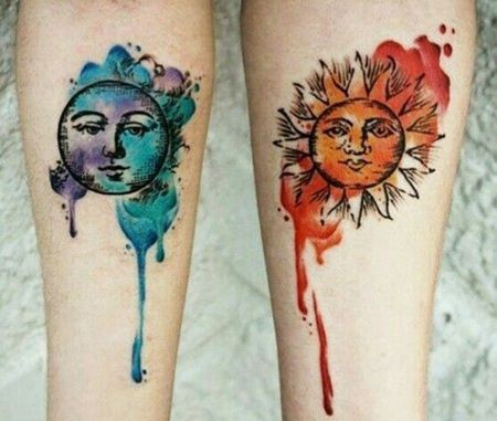 泼墨日月纹身，卡通月亮和太阳纹身图案