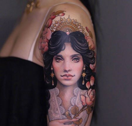花臂公主纹身，中世纪手拿蔷薇花的公主
