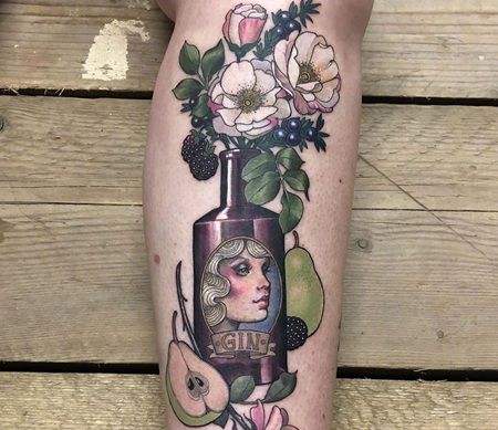 小腿花瓶纹身，梨和花朵还有花瓶纹身图片