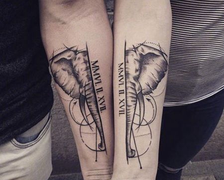 兄弟手臂大象纹身，对称的半边大象纹身