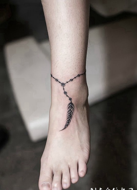 一羽卷珠帘，脚踝羽毛脚链创意纹身