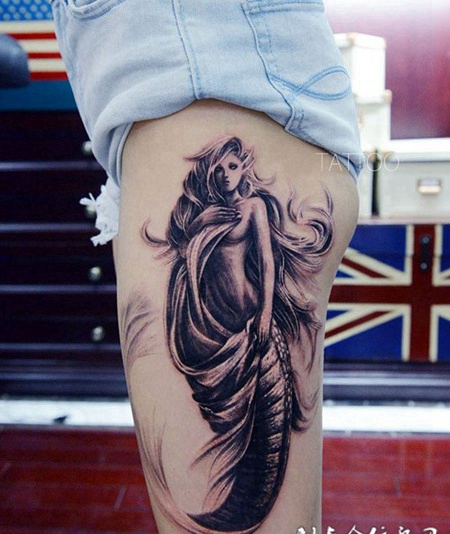 寂寞的守望,大腿黑灰美人鱼创意纹身