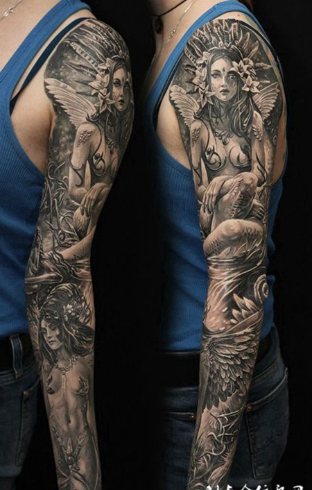 大自然中的美丽生灵，黑灰精灵女神唯美花臂纹身