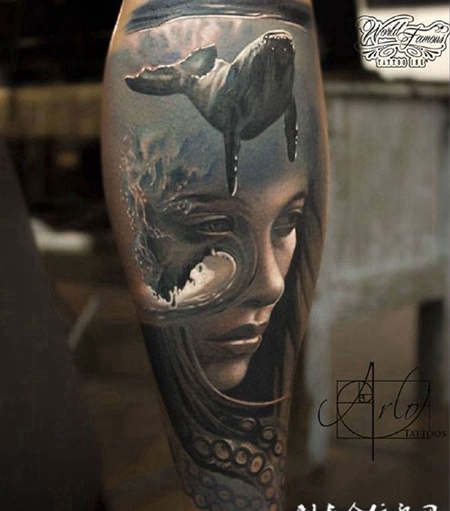 深海恐惧，小腿海洋鲸鱼女郎肖像纹身