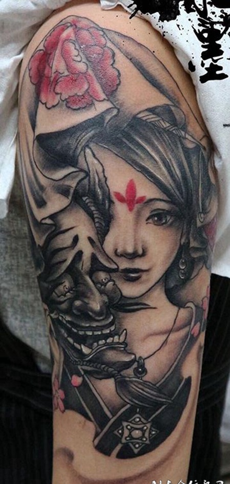 藏在面具下的美丽，手臂艺妓般若面具纹身