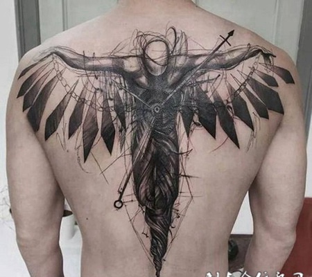 线条之美，后背守护天使时针线描个性纹身