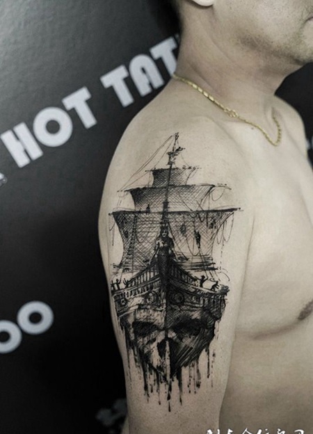 阴森之旅，手臂幽灵船骷髅纹身