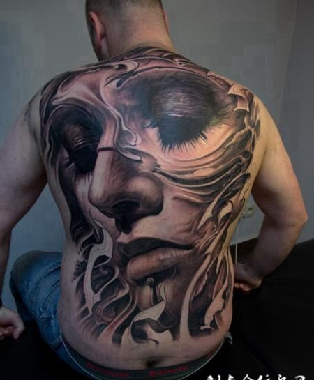 安静的女神，满背女神肖像纹身图案