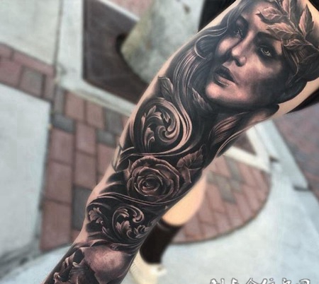 美丽的延续，腿部女神肖像玫瑰骷髅纹身