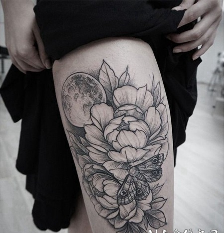 花好月圆，腿部简洁色调个性纹身