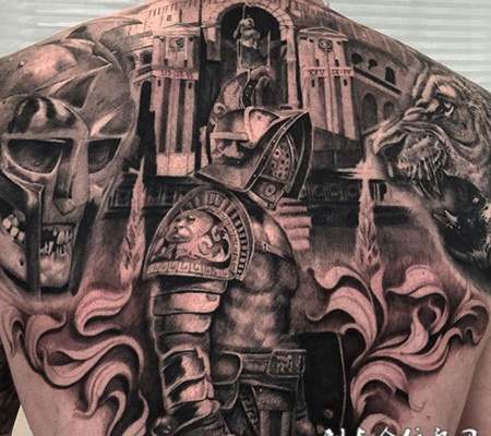 骷髅与圣骑士满背霸气纹身图案