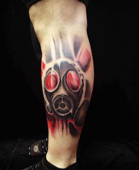小腿个性防毒面具纹身图案