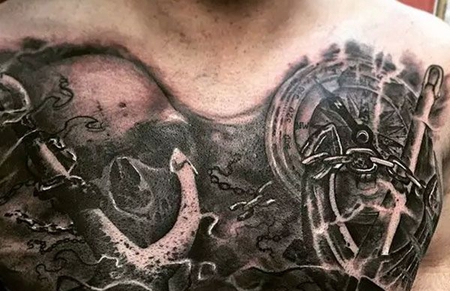 胸前的骷髅头船锚纹身图案