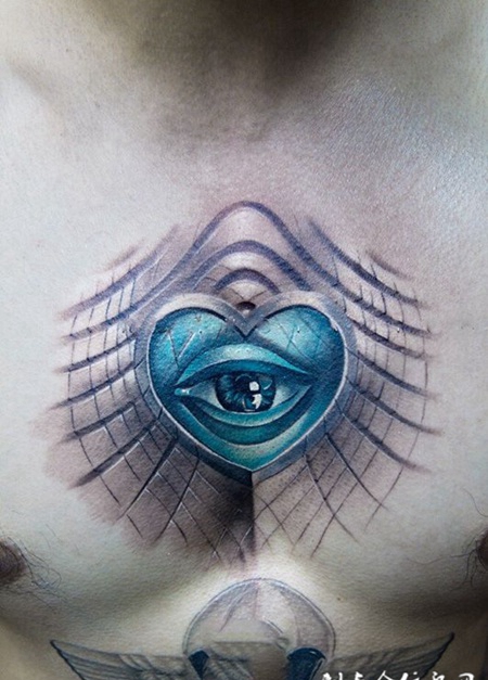 用心看世界，胸部3d风格心眼纹身