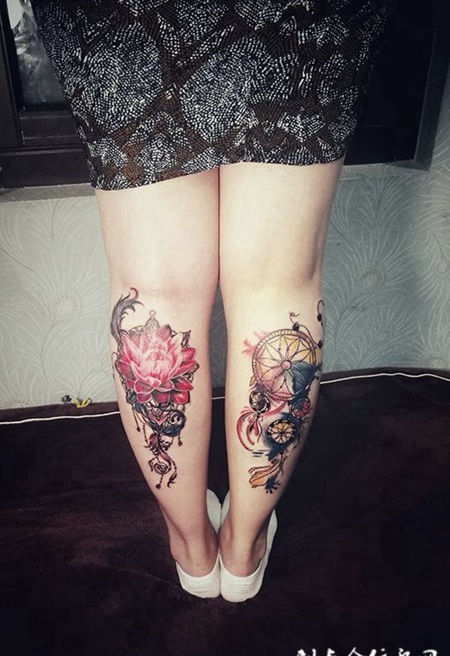 美好的梦想，小腿莲花与捕梦网彩绘纹身