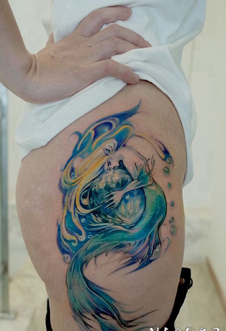 美人鱼童话，臀部唯美人鱼彩绘纹身
