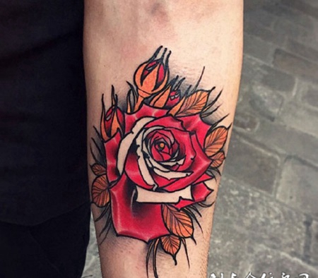 火红玫瑰，手臂彩绘玫瑰纹身图案