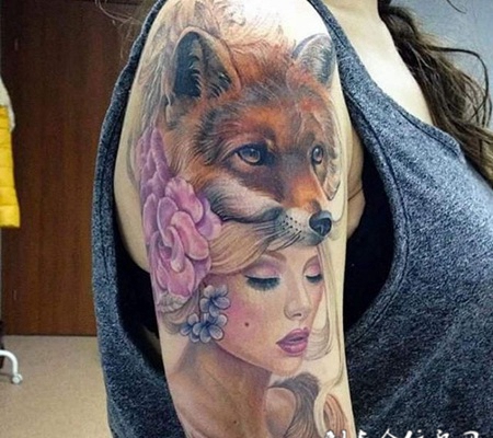 千年之狐，手臂狐狸少女肖像纹身